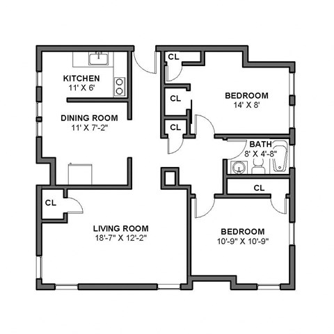 Floor plan for 2 beds, 1 bath, 864 sqft